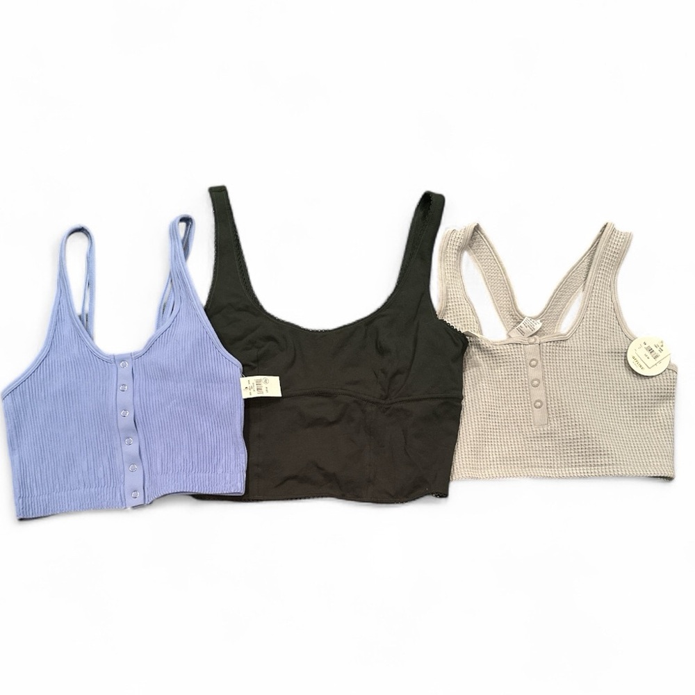 Aerie Cropped Tank Top Bundle Medium Set of 3 Blue Black Gray Athleisure NWT